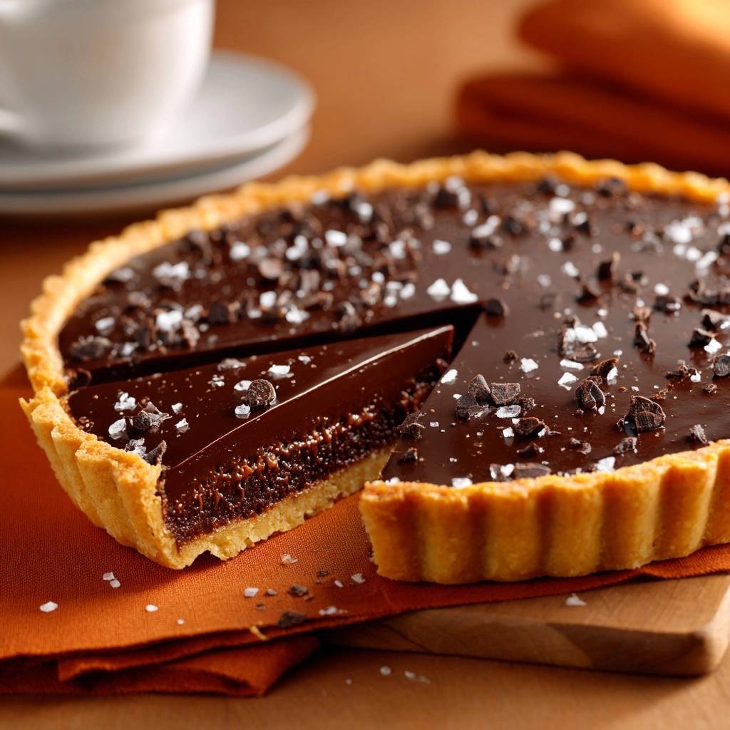 Knusprige Schoko-Salz-Tarte angeschnitten, die den glatten Schokoladen-Ganache-Kern und den knusprigen Boden zeigt.