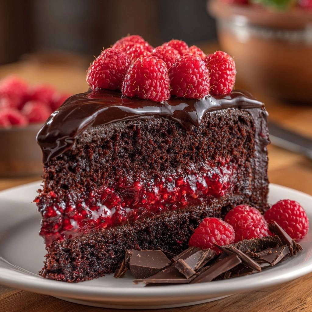 Schokoladenkuchen mit Himbeerkern angeschnitten, zeigt saftige Füllung und dunkle Schokoladenglasur mit frischen Himbeeren.