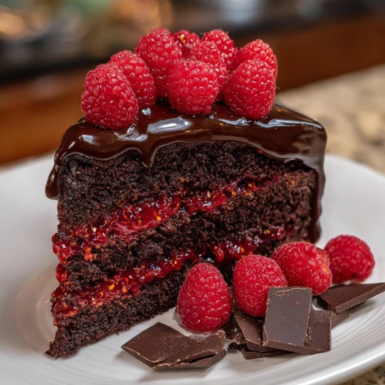 Schokoladenkuchen mit Himbeerkern, angeschnitten und garniert mit frischen Himbeeren und Schokoladenstückchen auf einem Teller.