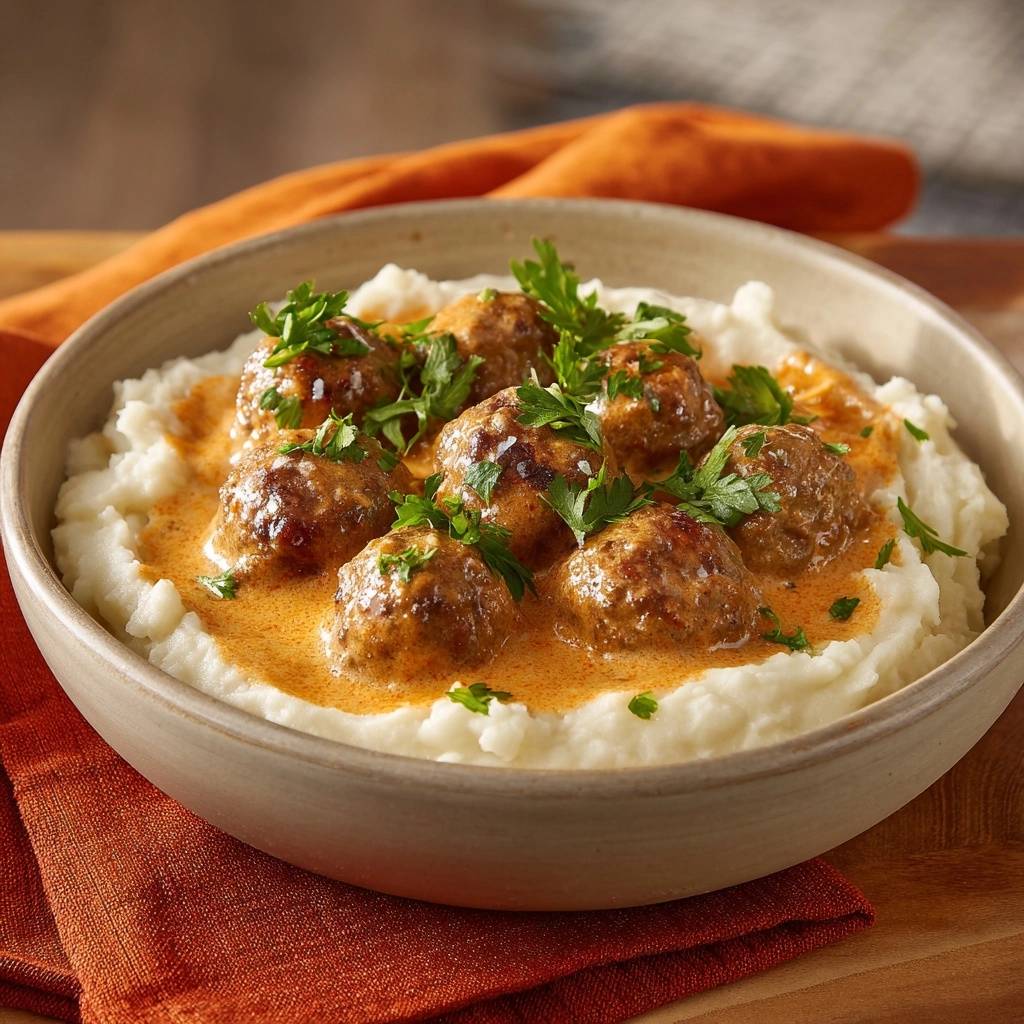 Schwedische Fleischbaellchen Garniert 1 Schwedische Fleischbällchen mit Sahnesauce und Kartoffelpüree, garniert mit frischer Petersilie, serviert in einer Schüssel.