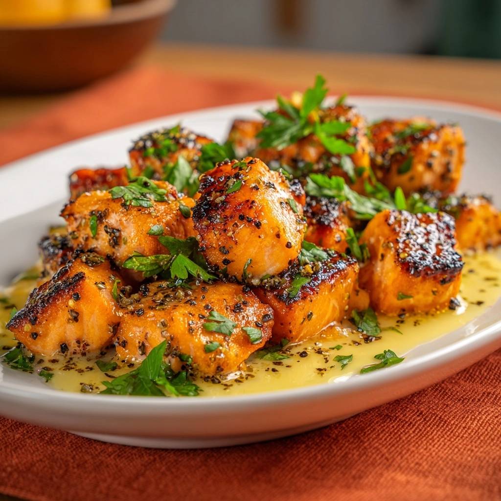 Knusprige Sesam-Lachswürfel mit Petersilie und Zitronenbutter, nahaufnahme der garnierten Würfel in Sauce