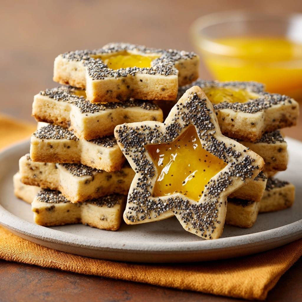 Sesam-Marmeladen-Sterne werden als Nahaufnahme eines Stapels mit einem einzelnen Stern im Vordergrund präsentiert.