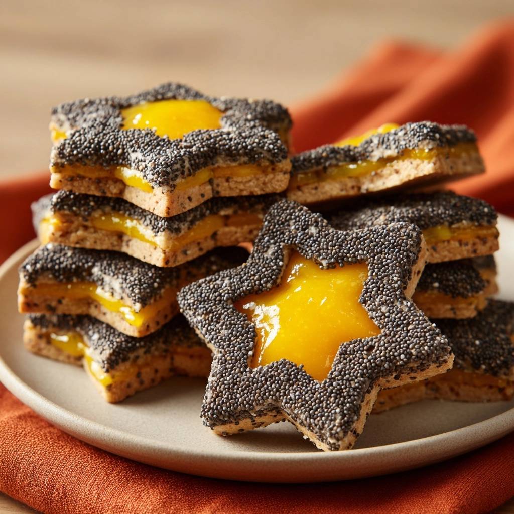 Sesam-Marmeladen-Sterne, Nahaufnahme eines Sternkekses mit leuchtend gelber Marmeladenfüllung und Sesamrand.