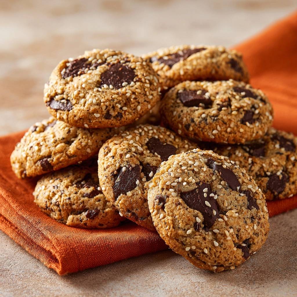 Sesam Schoko Hafercookies Nahaufnahme 1 Knusprige Sesam-Schoko-Hafercookies Rezept mit Schokoladenstückchen und Sesamkörnern, nahaufnahme
