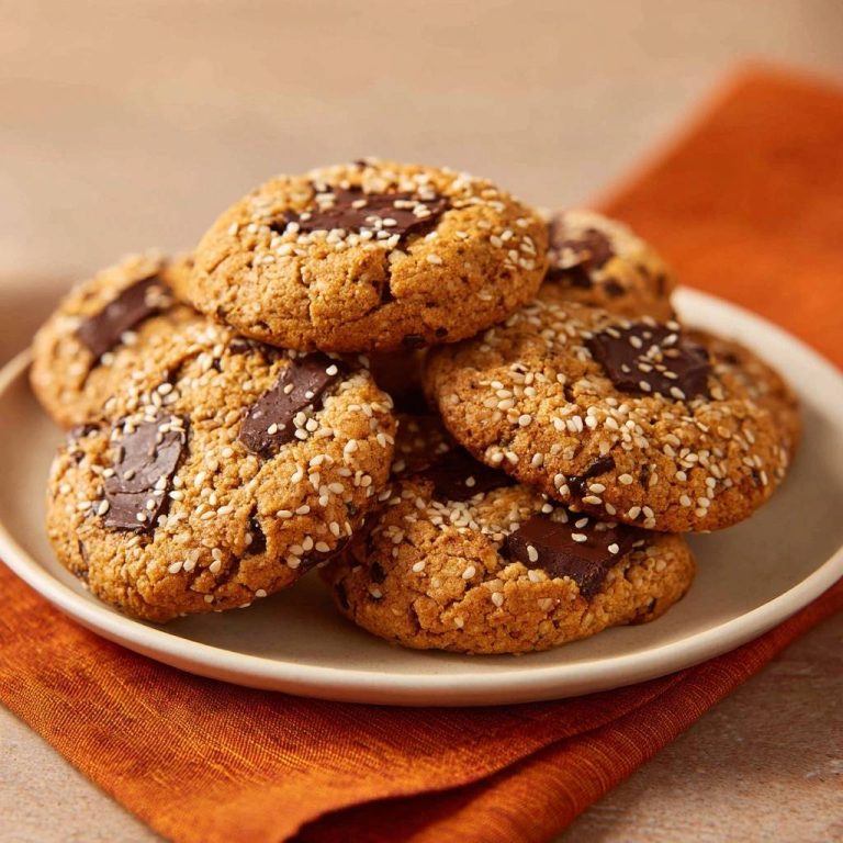 Knusprige Sesam-Schoko-Hafercookies auf einem Teller mit einem orangefarbenen Tuch, nahaufnahme der Textur und Zutaten.