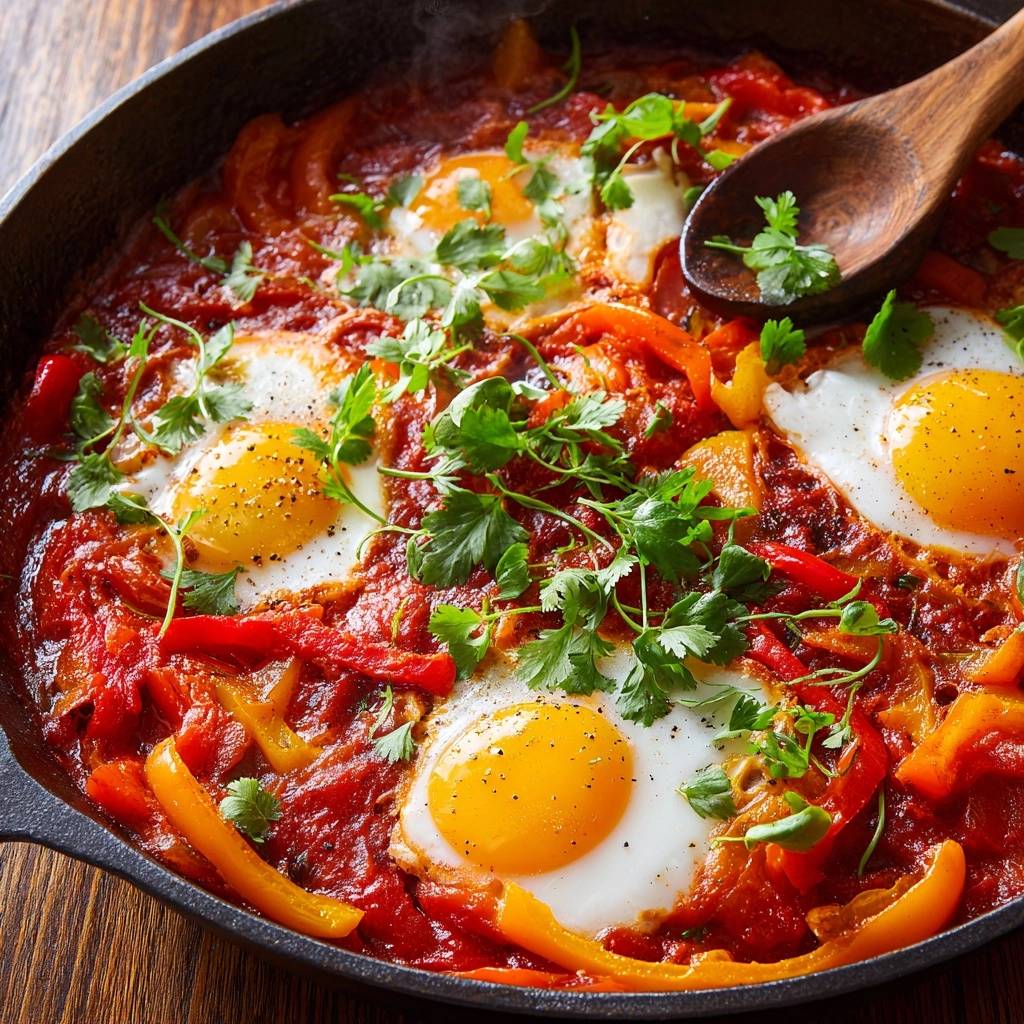 Shakshuka mit Paprika, detailreich garniert mit frischer Petersilie und einem Holzlöffel, wird in einer Eisenpfanne serviert.