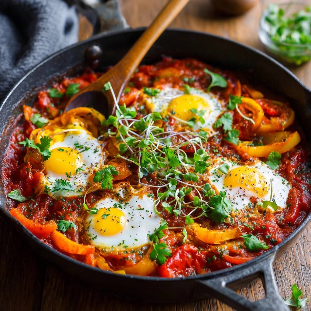 Shakshuka mit Paprika in einer Pfanne, garniert mit frischen Kräutern und Sprossen, serviert mit einem Holzlöffel.