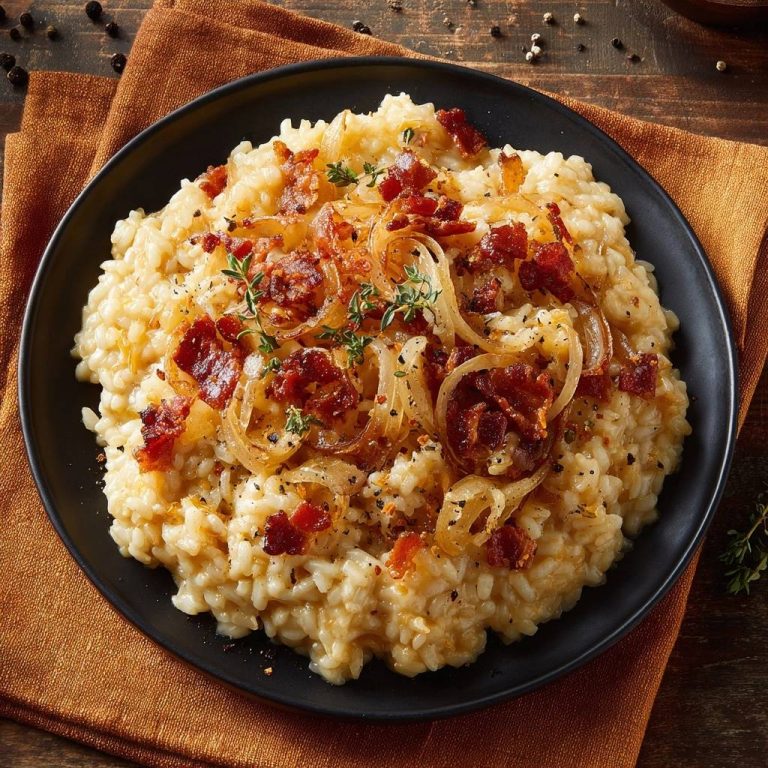 Cremiges Speck-Risotto mit karamellisierten Zwiebeln, nahaufnahme der garnierten Oberfläche mit Speck und Kräutern