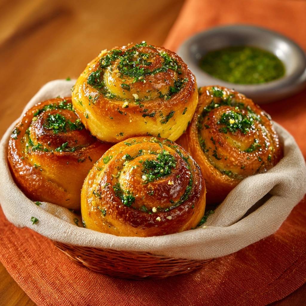 Spiralfrmige Kruterbrtchen Nahaufnahme Korb 1 Spiralförmige Kräuterbrötchen in einem Korb, garniert mit frischen Kräutern und Knoblauch, daneben eine Schale mit Dip.