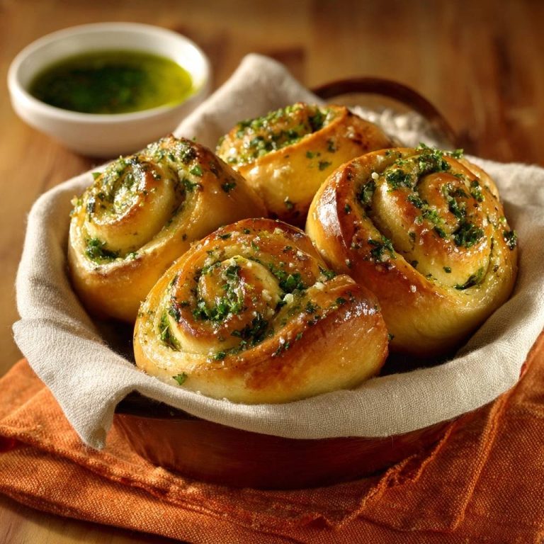 Spiralförmige Kräuterbrötchen aus einem Korb mit einer Schüssel Dip daneben, frisch gebacken und glasiert.