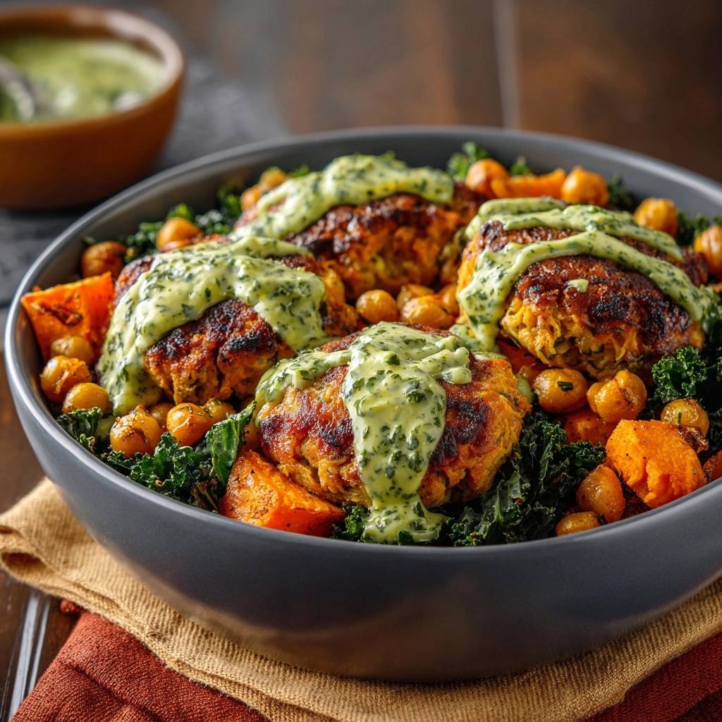 Knusprige Süßkartoffel-Kichererbsen-Bowl mit Kräutersauce, Nahaufnahme der saftigen Patties und frischen Zutaten.
