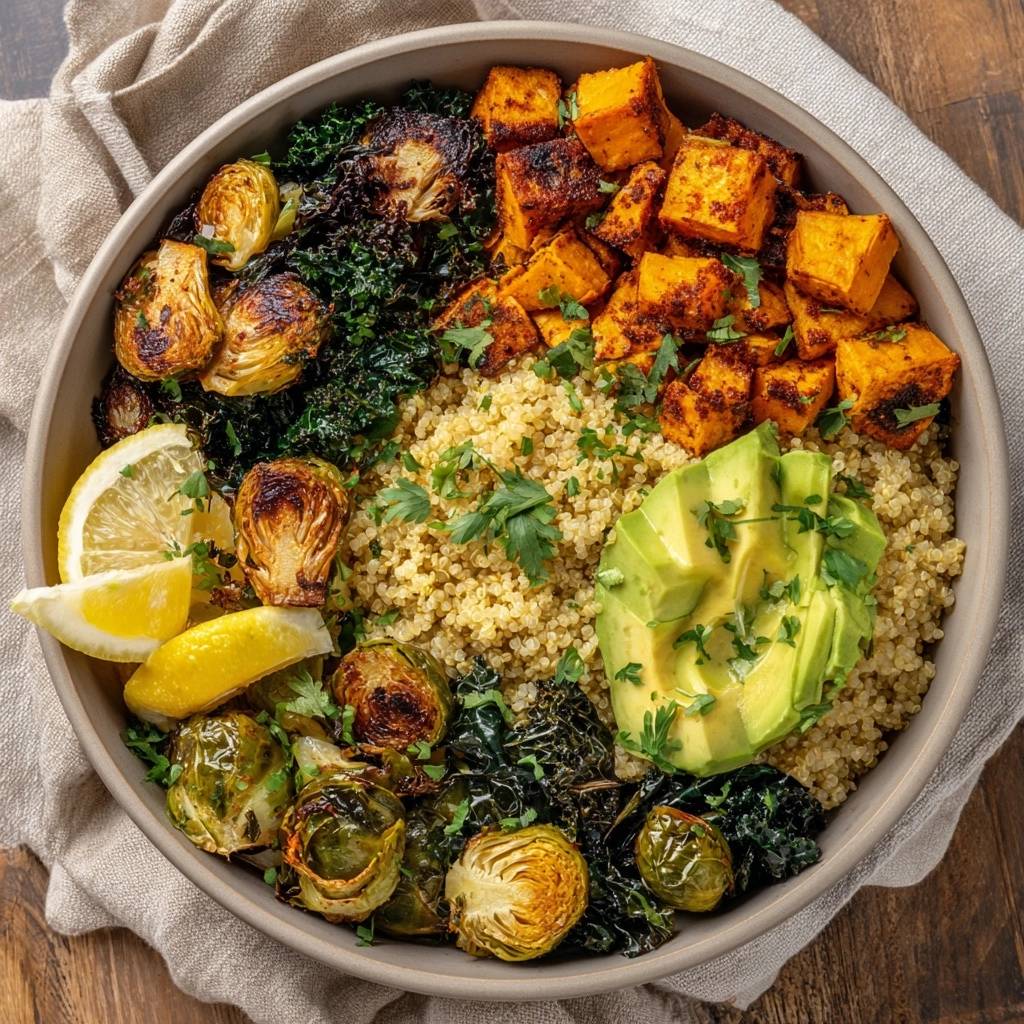 Knusprige Süßkartoffel-Rosenkohl-Power-Bowl mit Avocado und Zitrone, von oben fotografiert