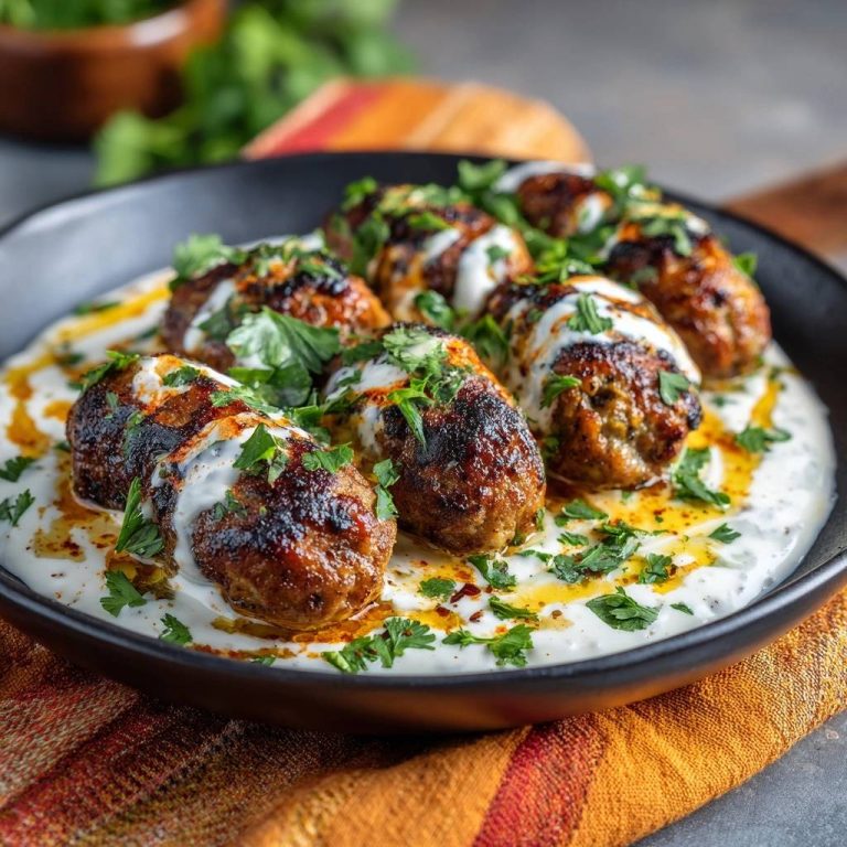 Türkische Köfte mit Joghurtsoße, serviert in einer Schale und mit frischer Petersilie garniert.