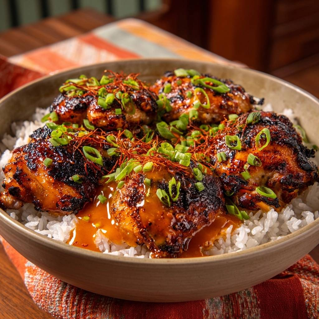 Teriyaki-Hähnchen-Bowl mit Reis, garniert mit Frühlingszwiebeln und Chiliflocken, serviert in einer Schüssel.
