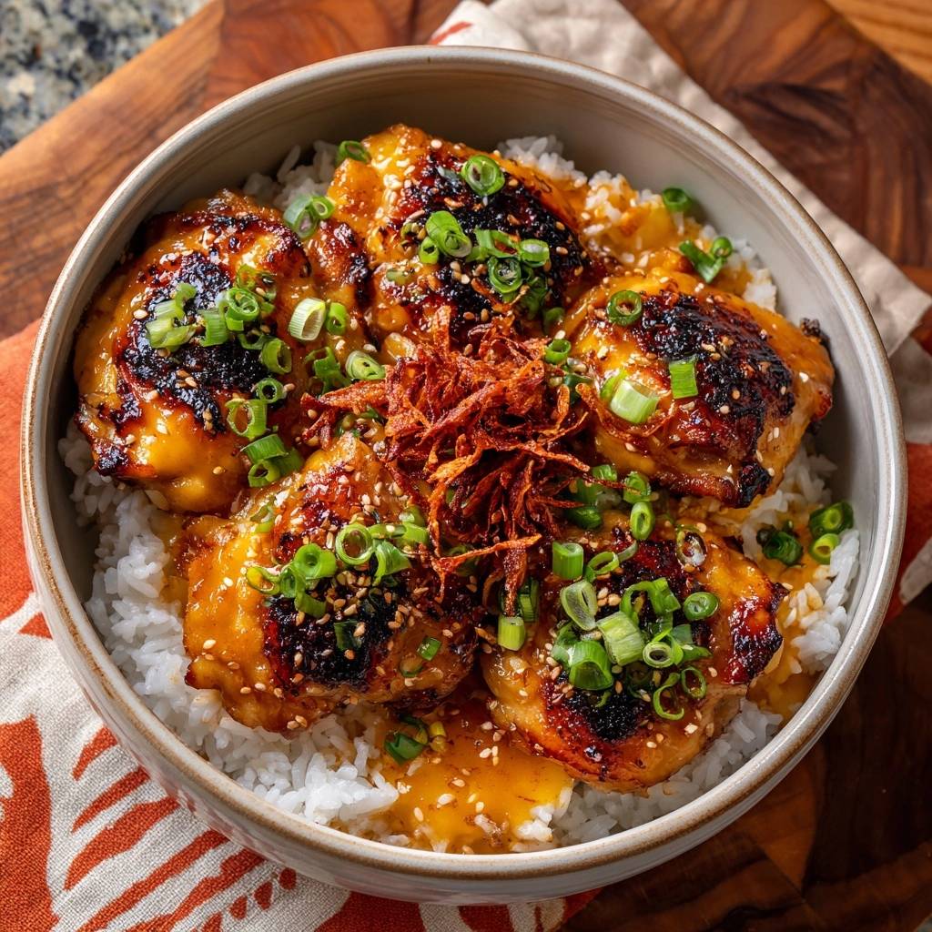 Teriyaki-Hähnchen-Bowl mit Reis, garniert mit Frühlingszwiebeln und Sesam, serviert in einer Schüssel.