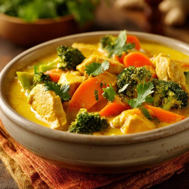 Thai gelbes Curry mit Hähnchen, Brokkoli und Karotten, serviert in einer Schüssel mit frischem Koriander garniert.