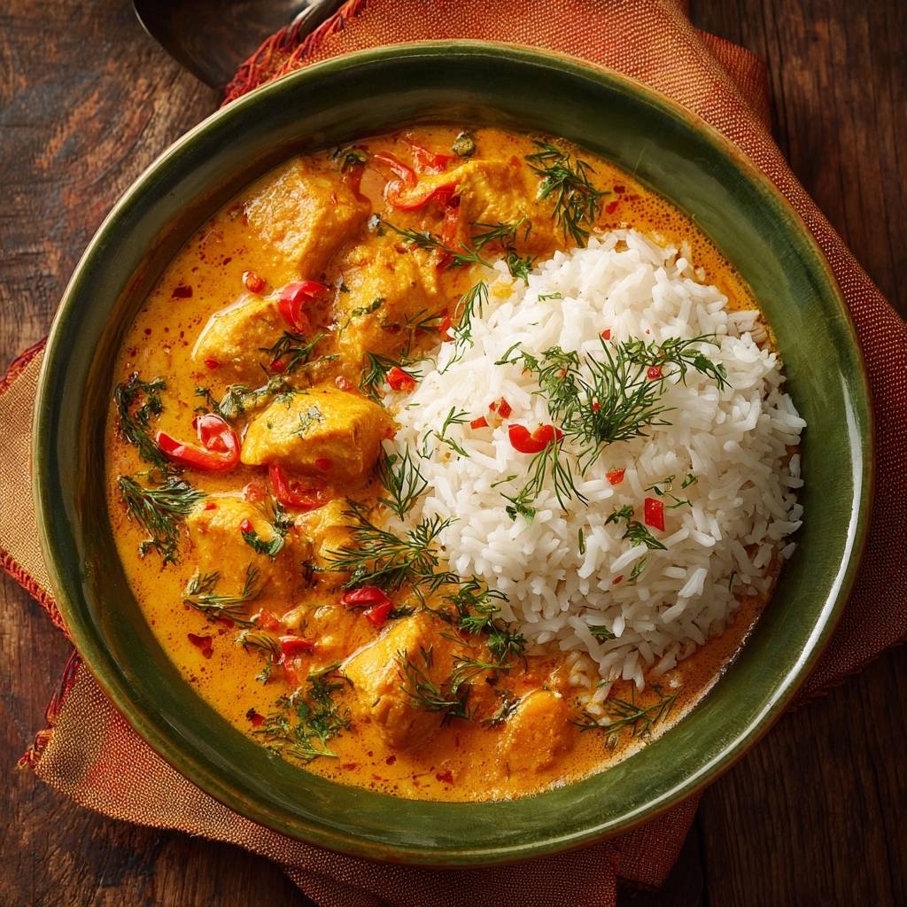 Cremiges Thai-Hähnchen-Curry mit Reis, garniert mit frischen Kräutern und Chilistückchen, in einer grünen Schüssel.