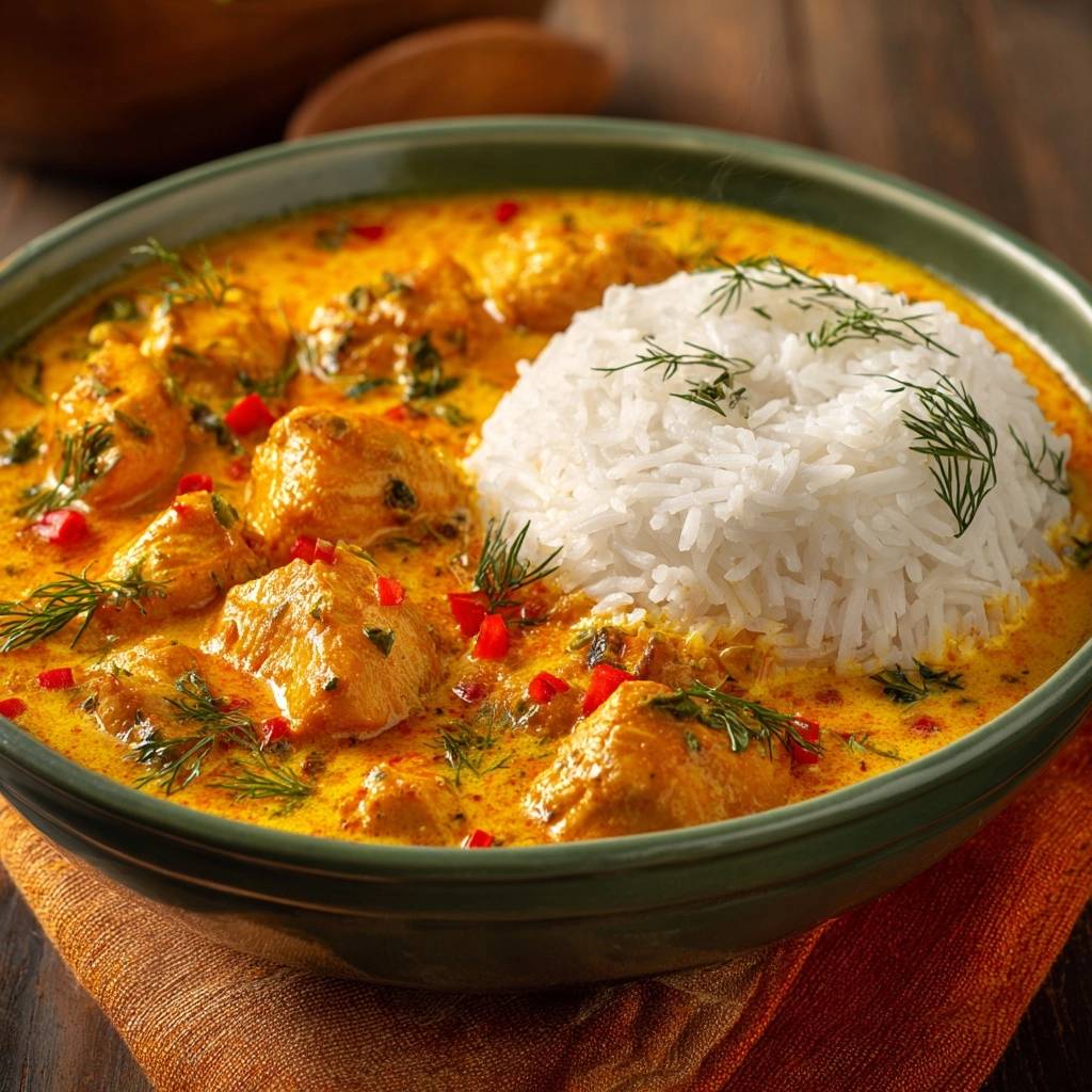 Cremiges Thai-Hähnchen-Curry mit Reis, serviert in einer grünen Schüssel mit einer Nahaufnahme der saftigen Hähnchenstücke und duftendem Reis.