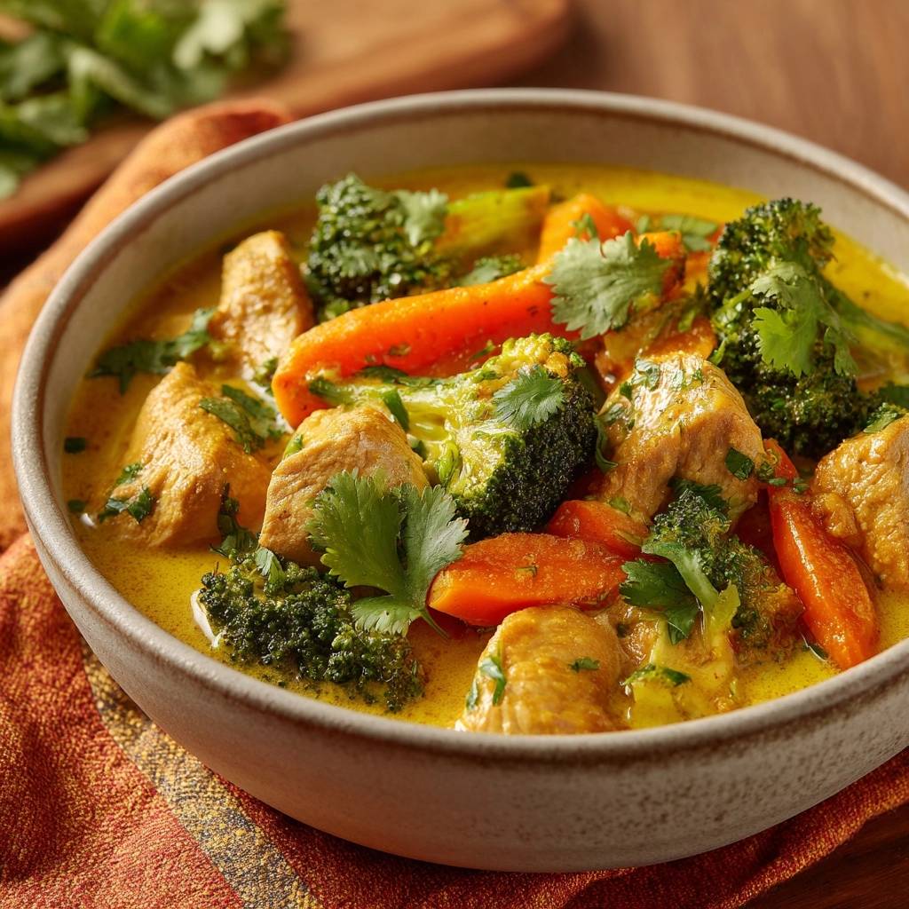 Thai Yellow Curry mit Hähnchen, Brokkoli und Karotten als Nahaufnahme in einer Schüssel, garniert mit Koriander.