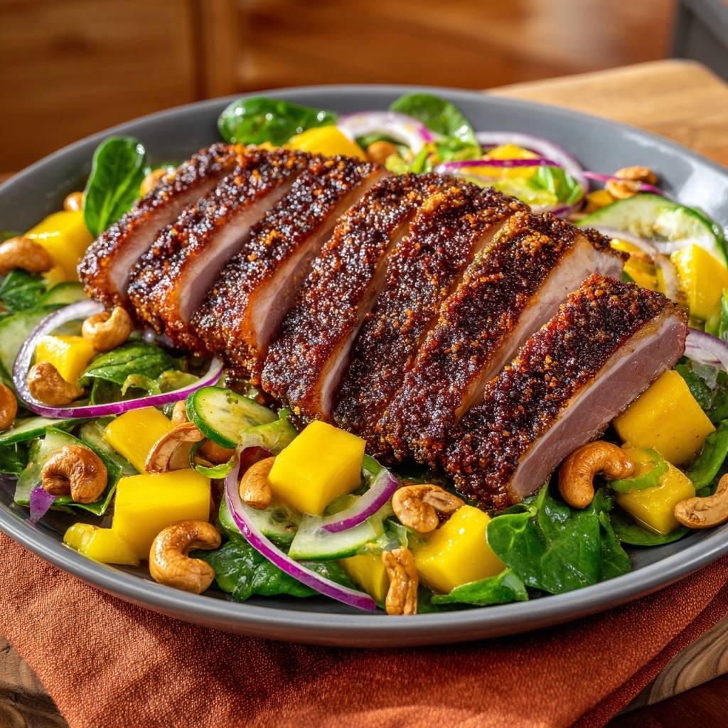 Tropischer Ente-Spinatsalat angeschnitten, zeigt saftige Entenbrust auf frischem Salat mit Mango und Cashewkernen.