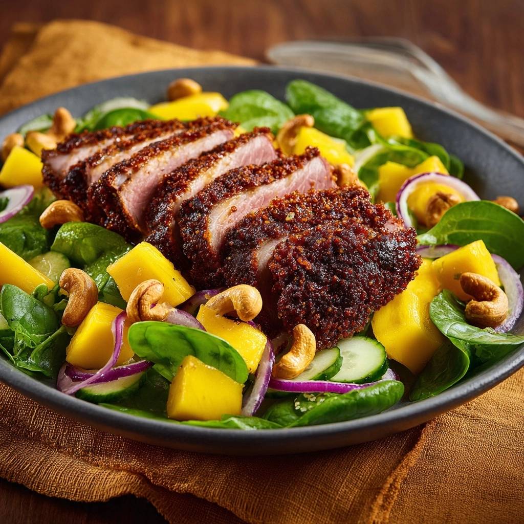 Tropischer Ente-Spinatsalat angeschnitten mit Mango, Cashewkernen und roten Zwiebeln auf einem Teller.
