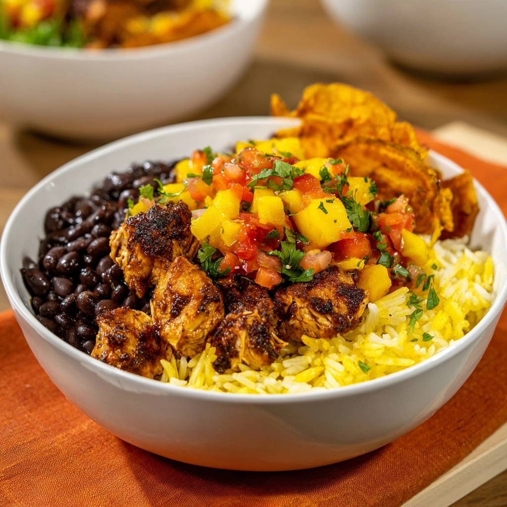 Tropischer Hähnchen-Bowl mit Mango-Salsa, Nahaufnahme der saftigen Hähnchenstücke mit Reis, schwarzen Bohnen und Früchten.