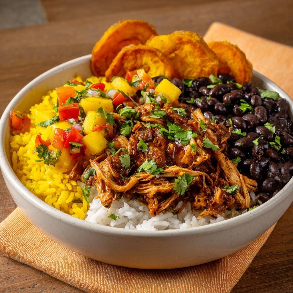Tropischer Hähnchen-Bowl mit Mango-Salsa, garniert mit frischer Petersilie und serviert mit schwarzen Bohnen und Kochbananen.