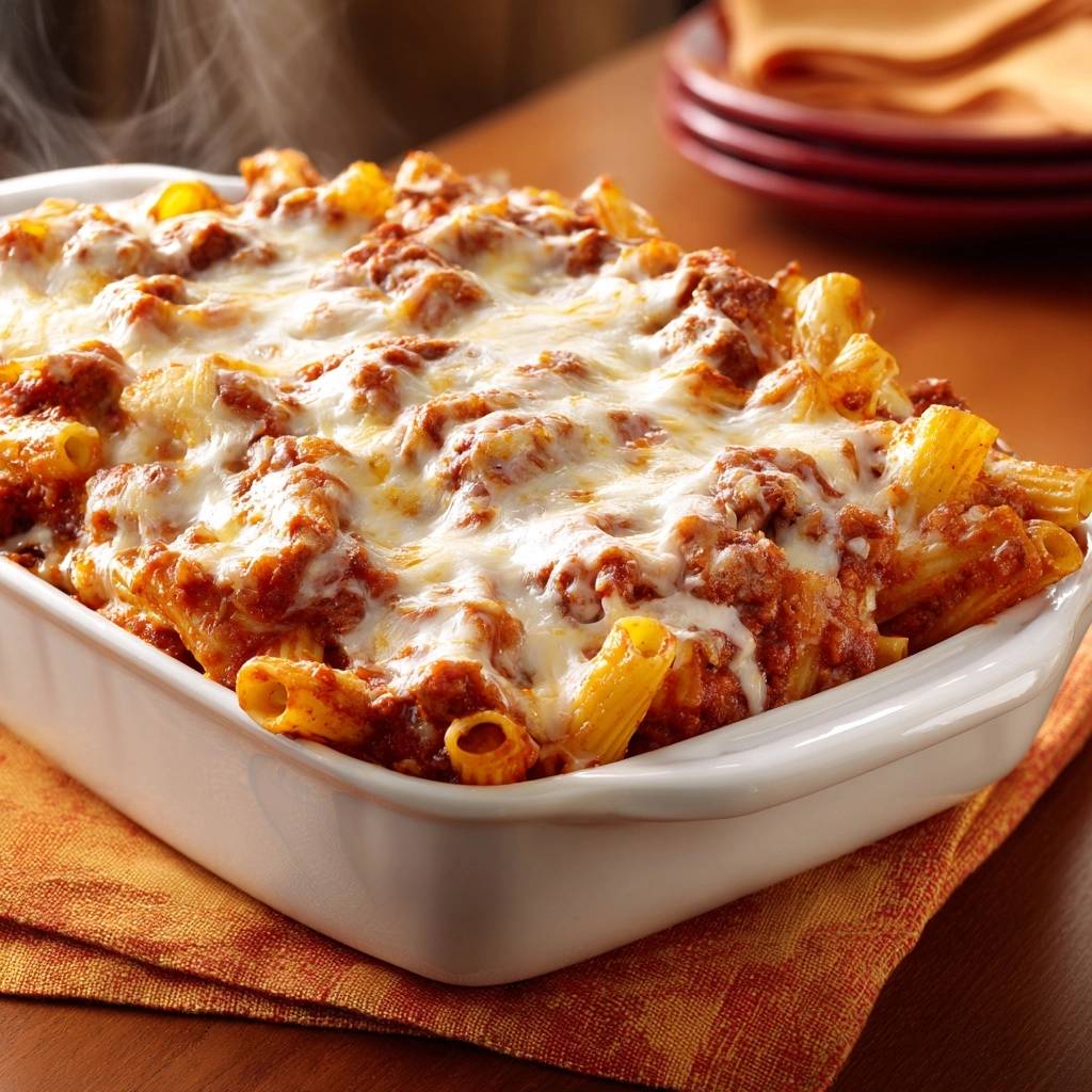 Überbackene Rigatoni mit Hackfleischsoße frisch aus dem Ofen, mit geschmolzenem Käse und Dampf, in einer weißen Auflaufform auf einem orangen Tuch.