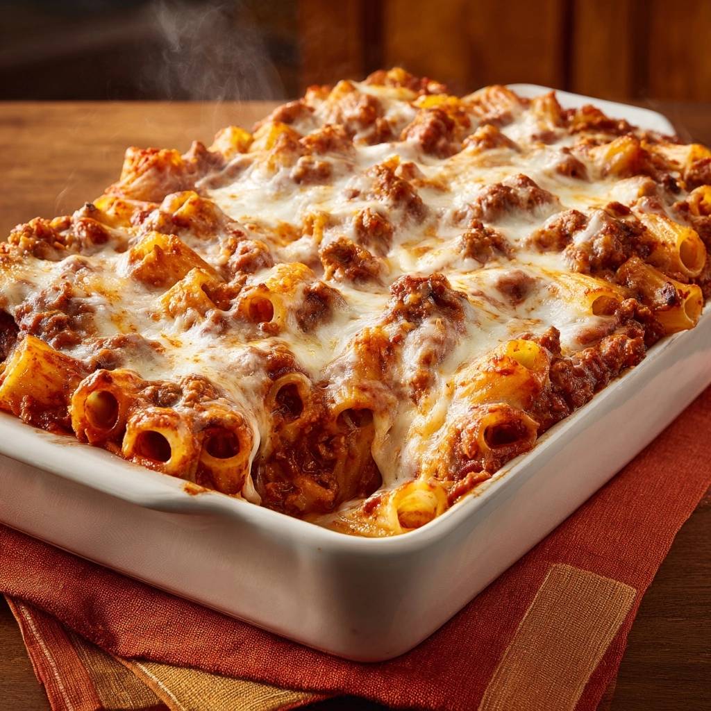 Überbackene Rigatoni mit Hackfleischsoße, eine dampfende Nahaufnahme im Ofenform, geschmolzener Käse darüber.