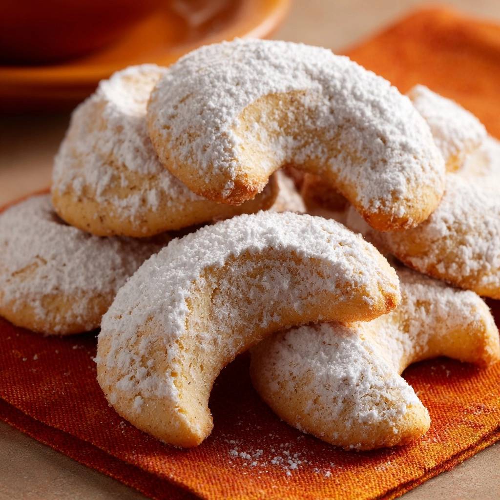 Vanillekipferl Nahaufnahme Puderzucker 1 Vanillekipferl mit Puderzucker bestäubt, eine Nahaufnahme, die die zarte Textur und die halbmondförmige Gestalt zeigt.
