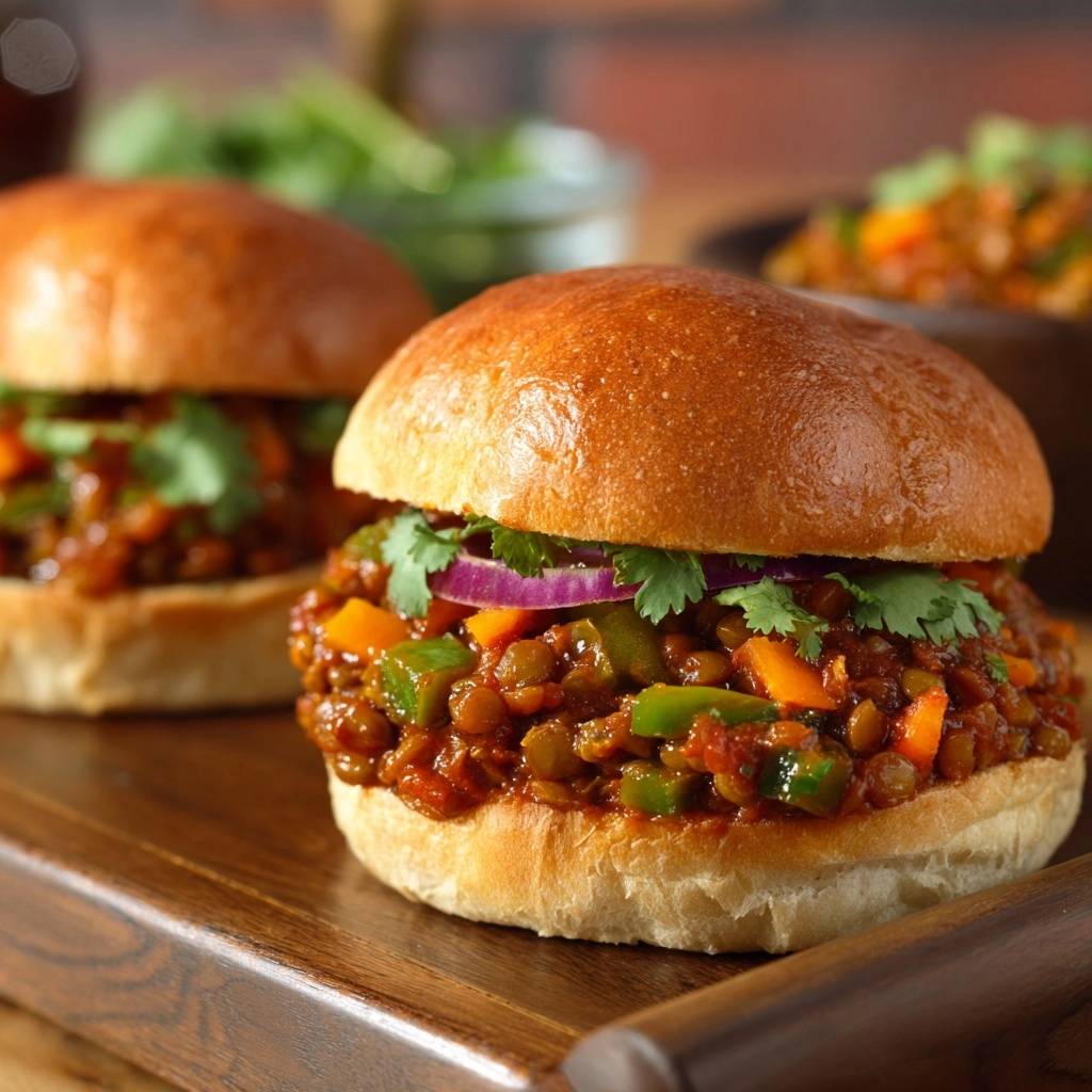 Veganer Süßkartoffel-Linsen-Burger nah aufgenommen mit roten Zwiebeln und Koriander auf einem Holzbrett.