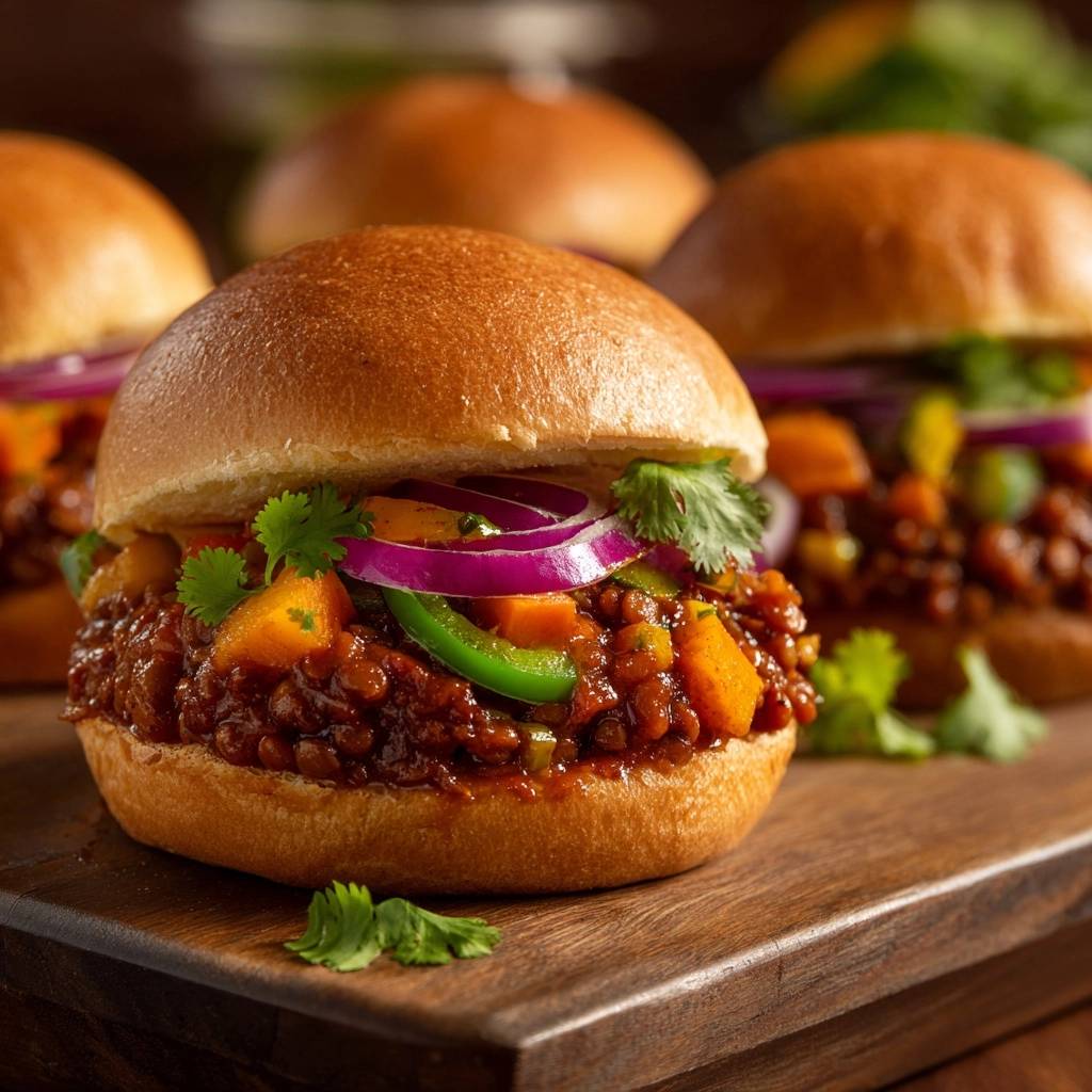 Veganer Süßkartoffel-Linsen-Burger als Nahaufnahme mit roten Zwiebeln und Koriander garniert auf einem Holzbrett