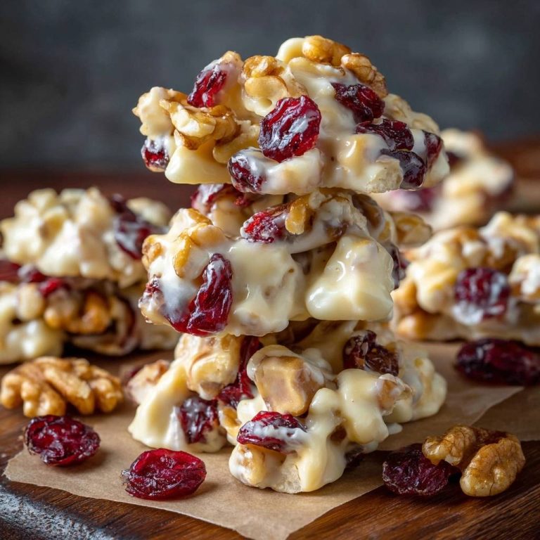 Knusprige Walnuss-Cranberry-Weißschokoladen-Cluster, nahaufnahme des gestapelten Gebäcks mit getrockneten Cranberries und Walnüssen.