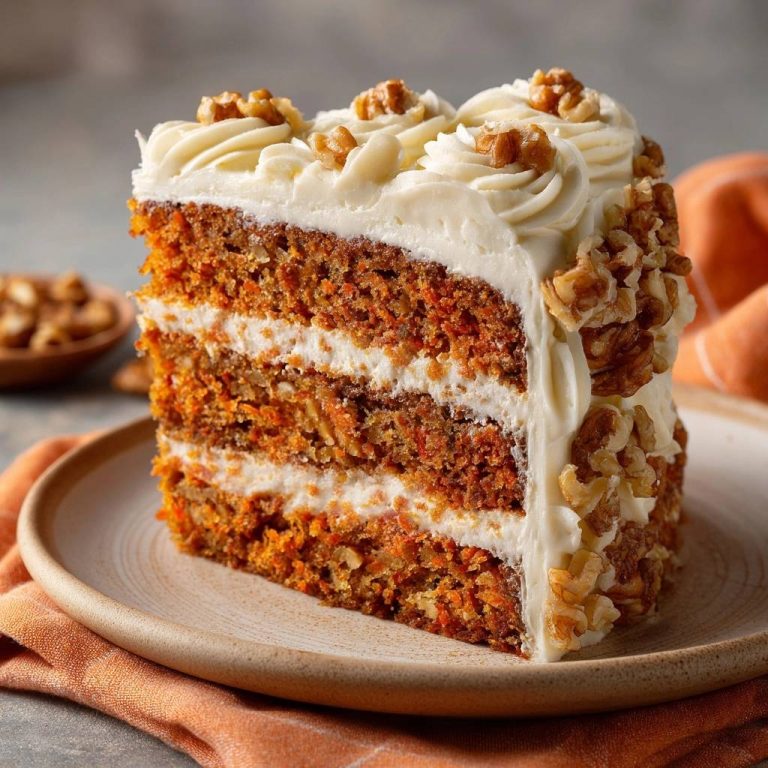 Saftiger Walnuss-Karottenkuchen mit Frischkäse-Frosting, angeschnitten auf einem Teller mit Walnüssen garniert.