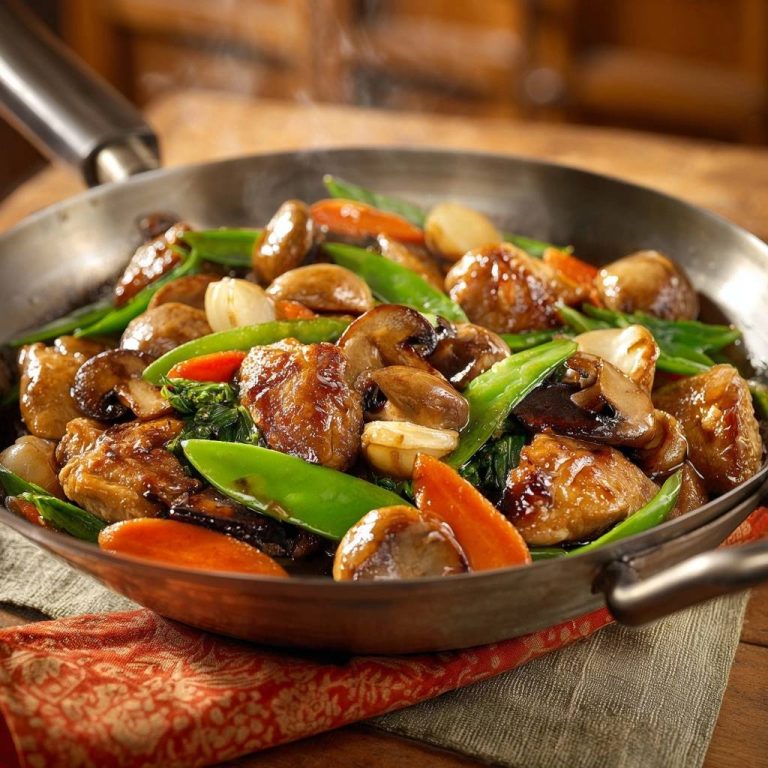 Wok-Hähnchen mit Schneckenbohnen, Pilzen und Karotten wird dampfend in einer Pfanne serviert, mit Nahaufnahme der Textur.