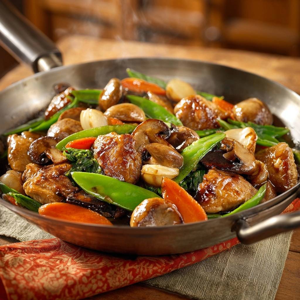 Wok-Hähnchen mit Schneckenbohnen, Pilzen und Karotten wird dampfend in einer Pfanne serviert, mit Nahaufnahme der Textur.