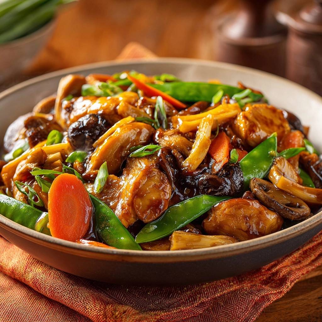 Wok Huhn Mit Schneckenbohnen Pilzen Karotten Detail 1 Wok-Hähnchen mit Schneckenbohnen, Pilzen und Karotten, detailreiche Nahaufnahme der saftigen Zutaten in der Schüssel.