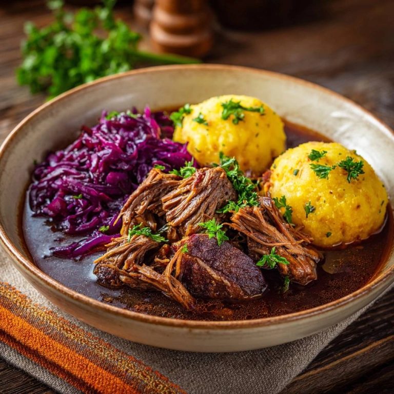 Zartes Rindergulasch mit Rotkohl und Kartoffelknödeln, serviert in einer Schüssel mit frischer Petersilie garniert.