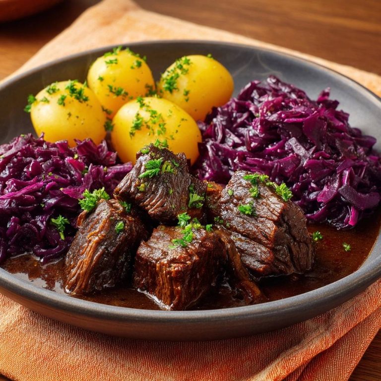 Zartes Rindergulasch mit Rotkohl und Kartoffeln, serviert auf einem Teller mit Petersilie garniert, Nahaufnahme