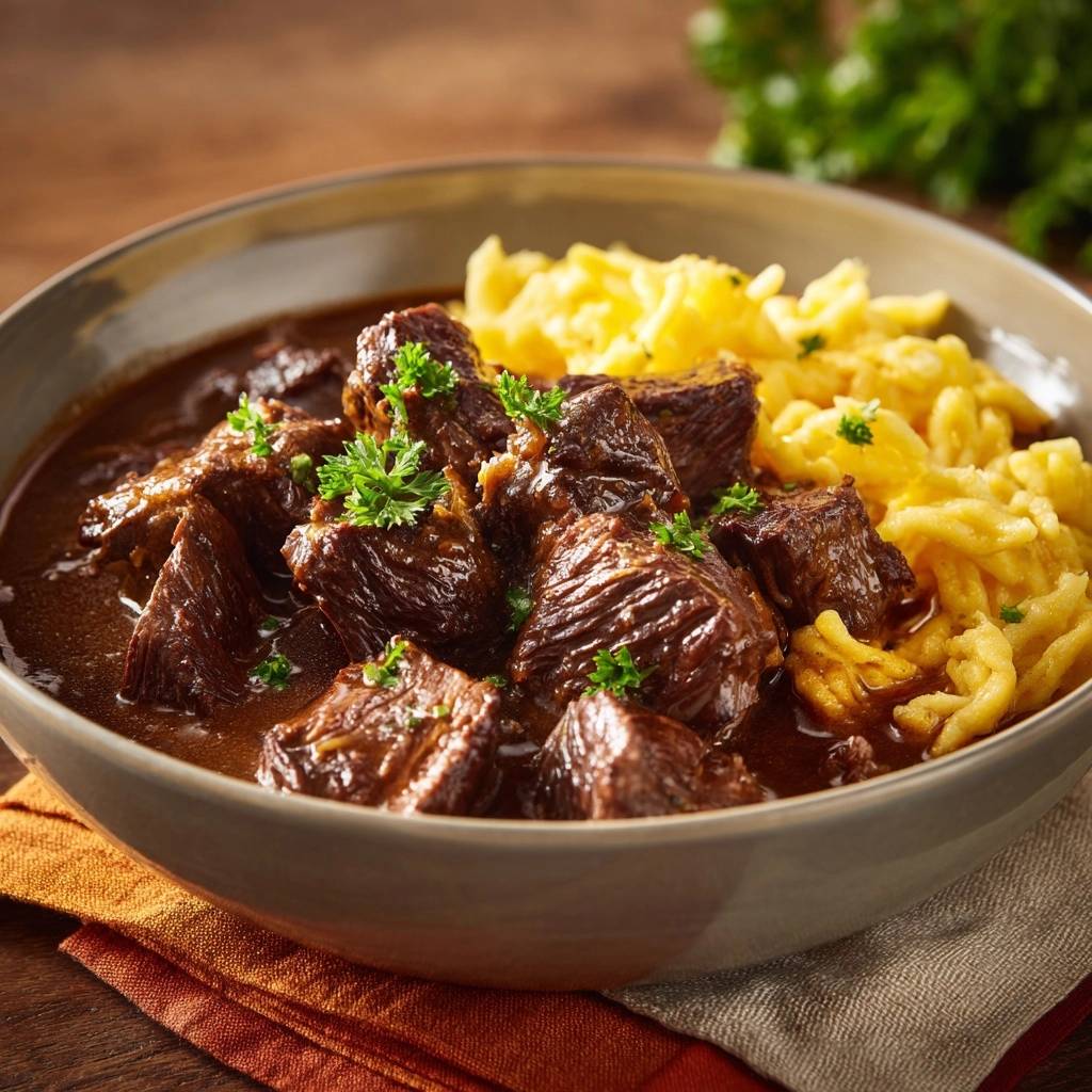 Zartes Rindergulasch Mit Spaetzle Nahaufnahme 1 Zartes Rindergulasch mit Spätzle wird in einer Schüssel mit Petersilie garniert serviert.