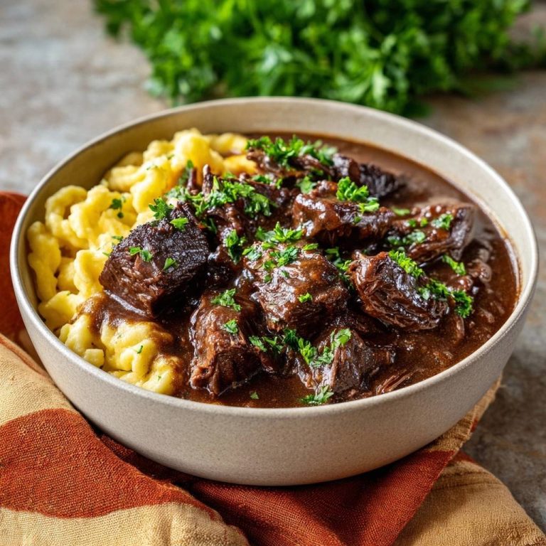 Zartes Rindergulasch mit Spätzle als Nahaufnahme, garniert mit frischer Petersilie in einer Schüssel