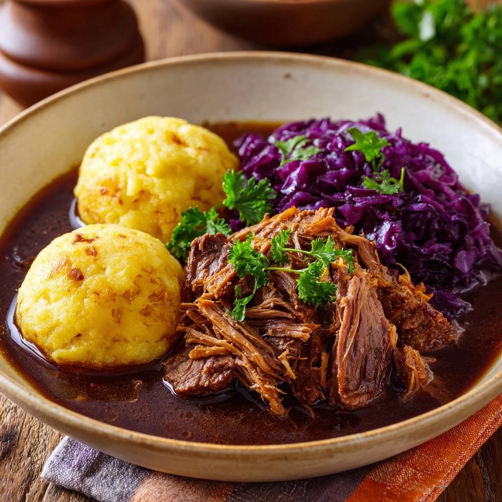 Zartes Rindergulasch mit Rotkohl und Kartoffelknödeln serviert in einer Schüssel, Nahaufnahme der Textur des Fleisches und der Beilagen.