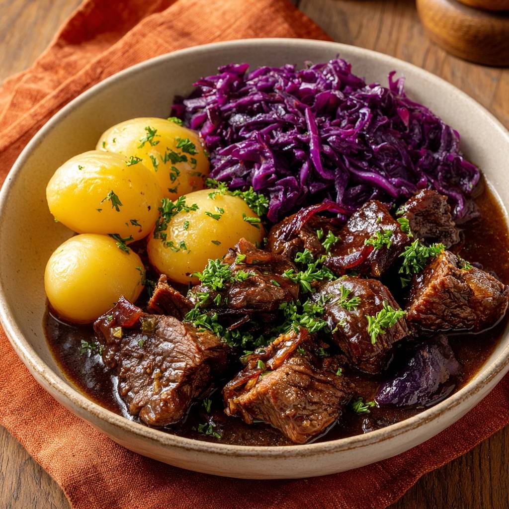 Zartes Rindergulasch mit Rotkohl und Kartoffeln, serviert in einem Teller mit Petersilie garniert.