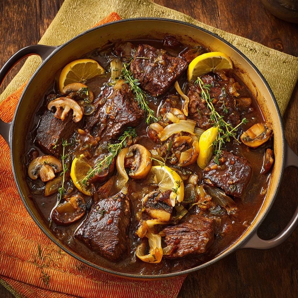 Zartes Rindfleisch mit Pilzen und Zwiebeln in einem gusseisernen Topf von oben mit Zitronenscheiben und Kräutern garniert.