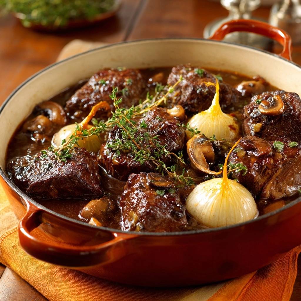 Zartes Rindfleischragout mit Pilzen und Thymian, serviert in einem roten Schmortopf mit ganzen Zwiebeln und Kräutern.