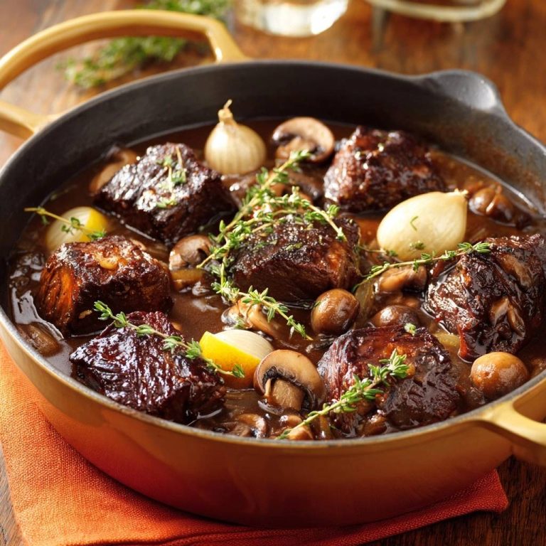 Zartes Rindfleischragout mit Pilzen und Thymian, nah aufgenommen in einer Gusseisenpfanne mit ganzen Schalotten.