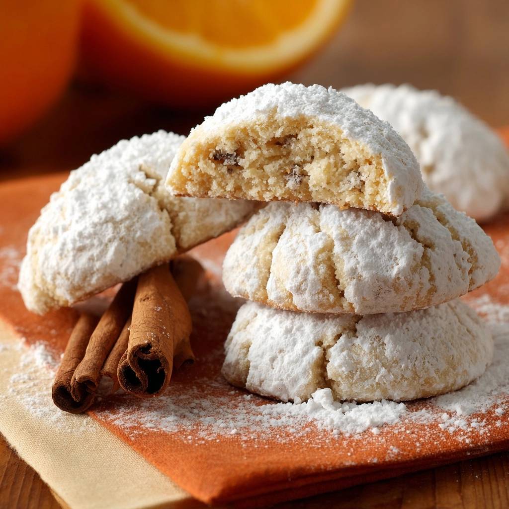 Zimtschneekugeln Angeschnitten Mit Zimt 1 Zimtschneekugeln angeschnitten mit Zimtstangen auf einem orangen Tuch, eine Kugel ist geteilt und zeigt das Innere.