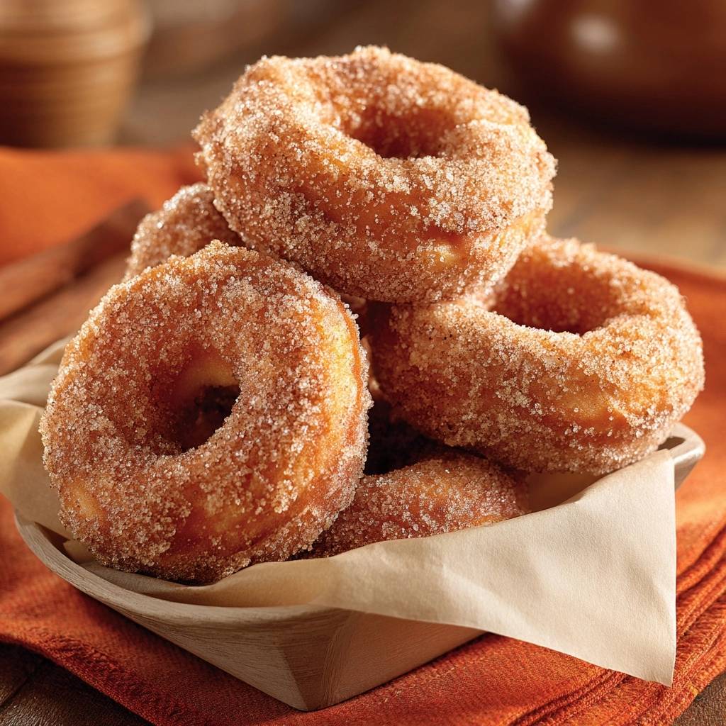 Zimtzucker-Donuts, nahaufnahme von gestapelten, mit Zimt und Zucker bestreuten ringförmigen Gebäckstücken.