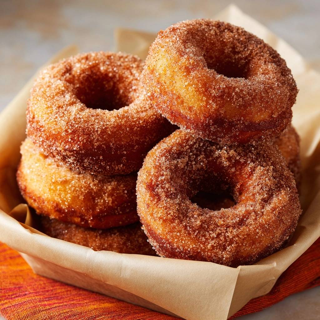 Zimtzucker Donuts Stapel Mit Zucker Und Zimt 1 Zimtzucker-Donuts mit einer großzügigen Zimt-Zucker-Kruste, gestapelt in einer Papierschale