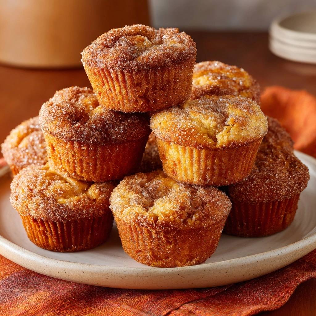 Zimtzucker-Muffins, gestapelt auf einem Teller und mit Zucker bestreut, zeigen eine köstliche Textur.